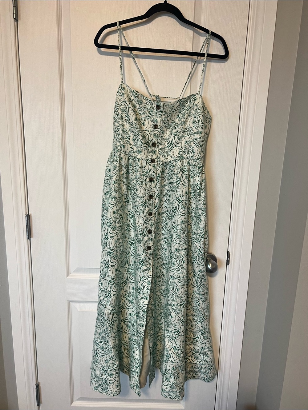 Banana Republic Linen Corset Green Printed Spaghetti-Strap Midi Dress